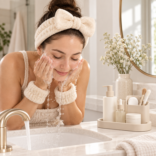 Beauty Headband & Wrist Wash Set With Storage Tray