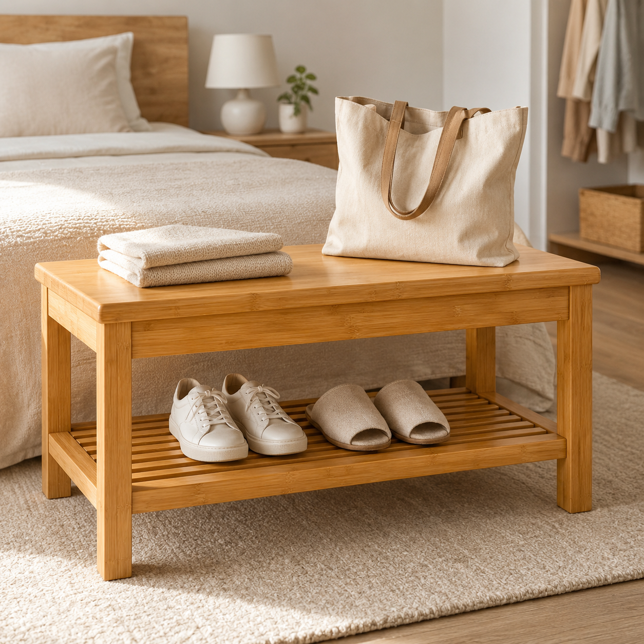 Bamboo Entryway Shoe Bench